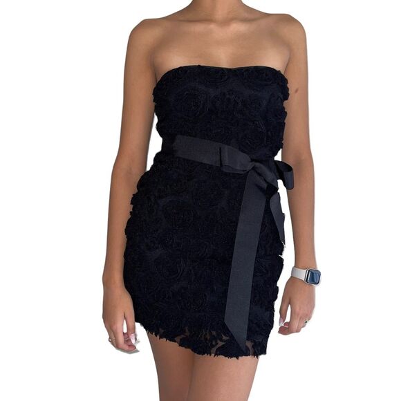 Zara Evening Strapless Dress Size S City Party Bodycon Black Raised Tulle Roses - Picture 1 of 14